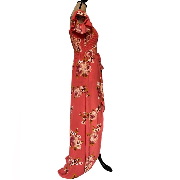 Privy Rose Floral Smocked High Low Wrap Style Flowy Front Tie Summer Sundress - Picture 5 of 11